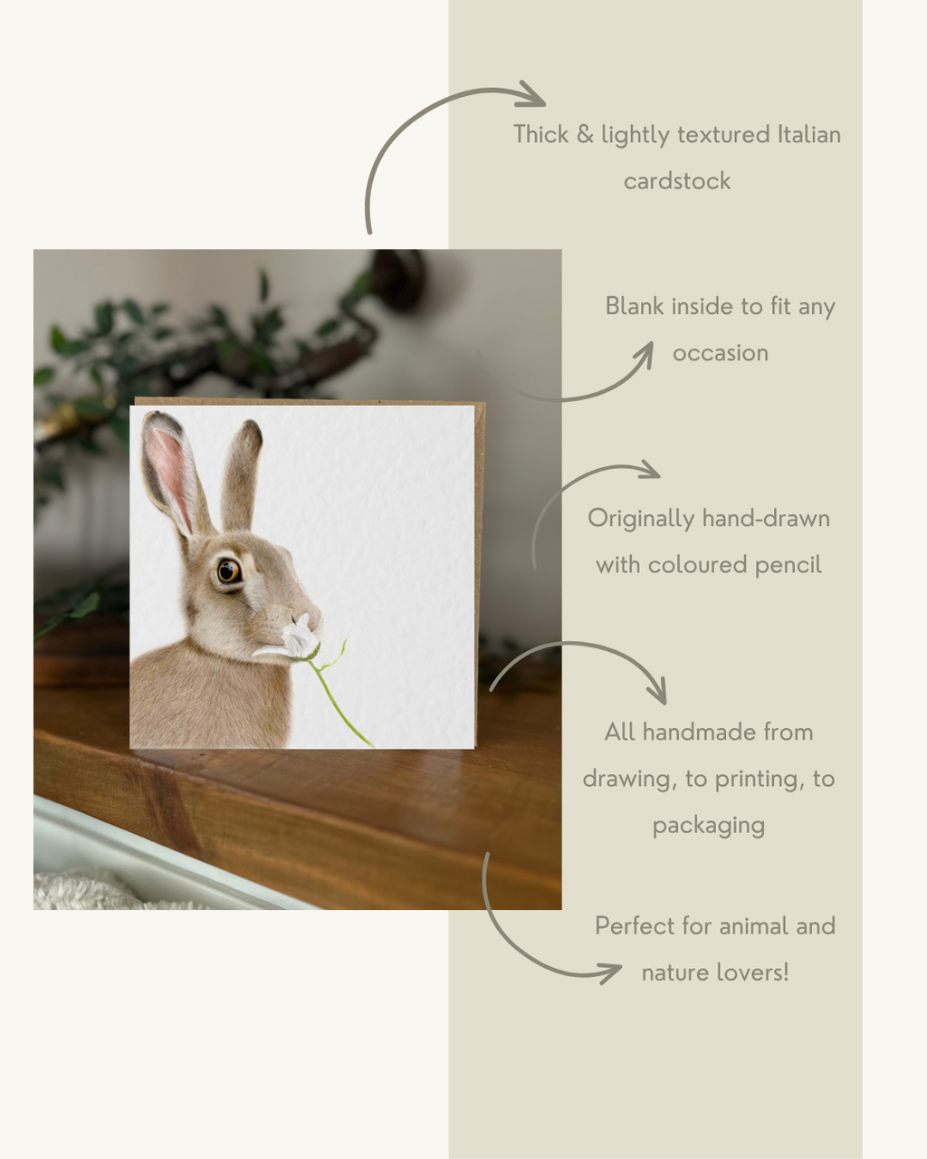 Hand Drawn Hare Card, Textured Cardstock Greeting (148mm x 148mm), Blank Inside