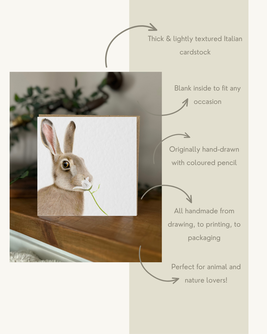 Hand Drawn Hare Card, Textured Cardstock Greeting (148mm x 148mm), Blank Inside