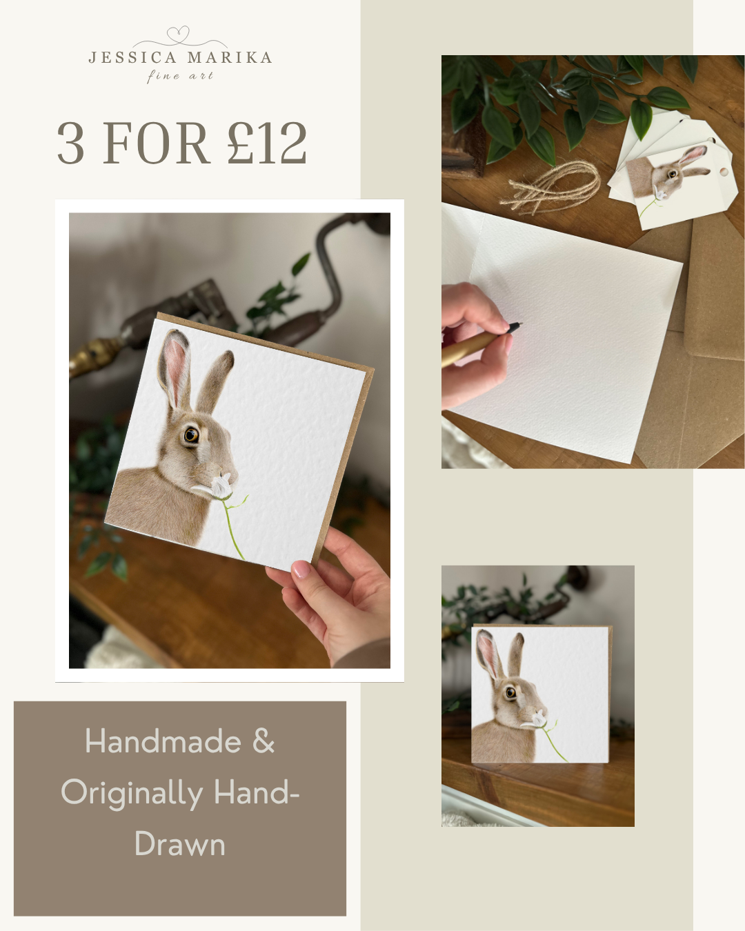 Hand Drawn Hare Card, Textured Cardstock Greeting (148mm x 148mm), Blank Inside