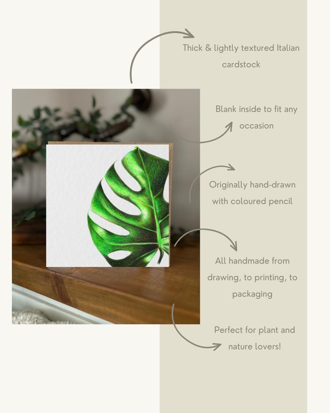 Hand Drawn Monstera Coloured Pencil Card, Textured Cardstock Greeting (148mm x 148mm), Blank Inside
