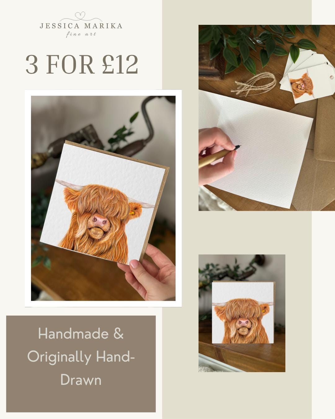 Hand Drawn Highland Cow Greeting Card, Textured Italian Cardstock (148mm x 148mm), Blank Inside
