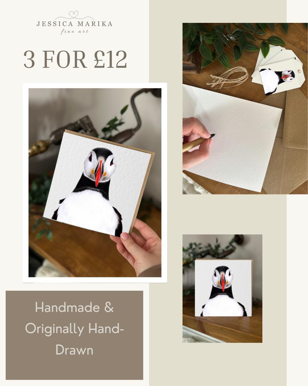 Hand Drawn Puffin Card, Textured Cardstock Greeting (148mm x 148mm), Blank Inside