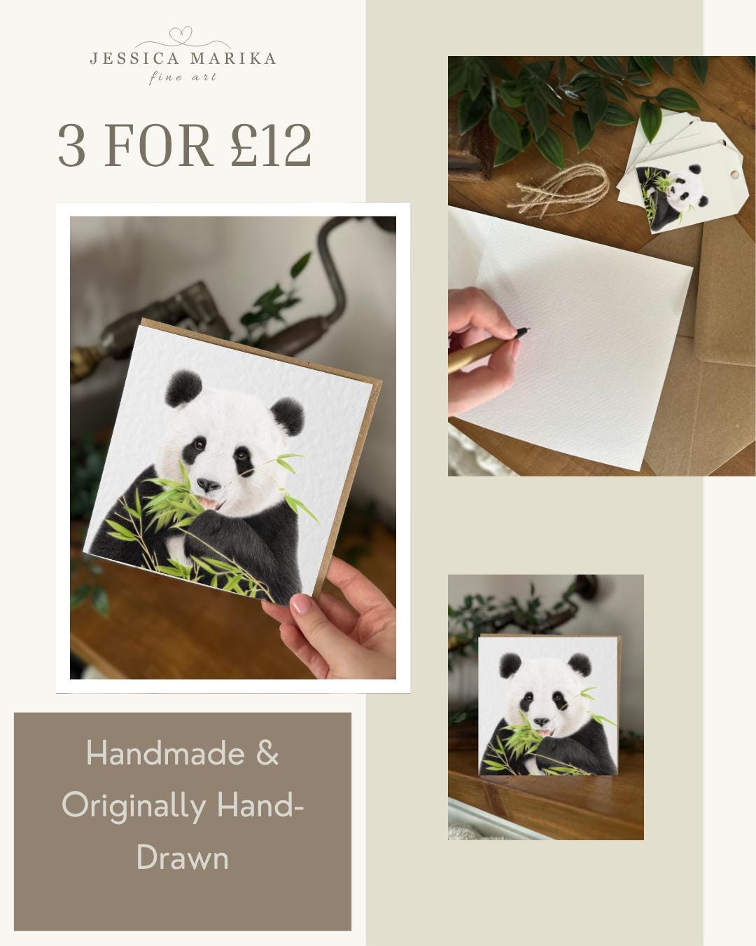 Hand Drawn Panda Card, Textured Cardstock Greeting (148mm x 148mm), Blank Inside