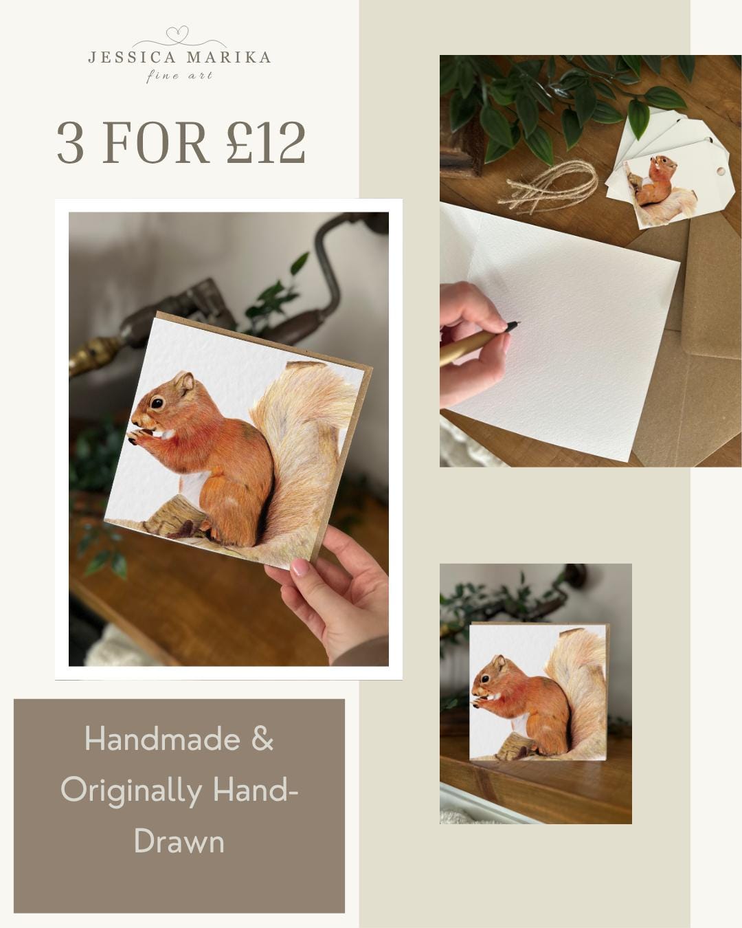 Hand Drawn Red Squirrel Card, Textured Cardstock Greeting (148mm x 148mm), Blank Inside