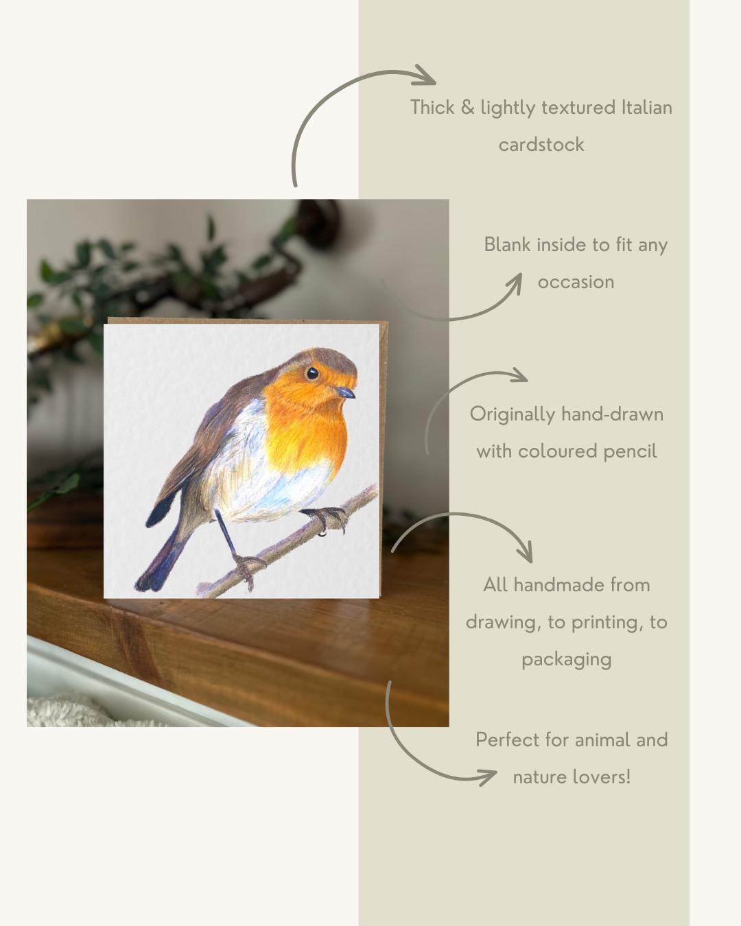 Hand Drawn Robin Card, Textured Cardstock Greeting (148mm x 148mm), Blank Inside