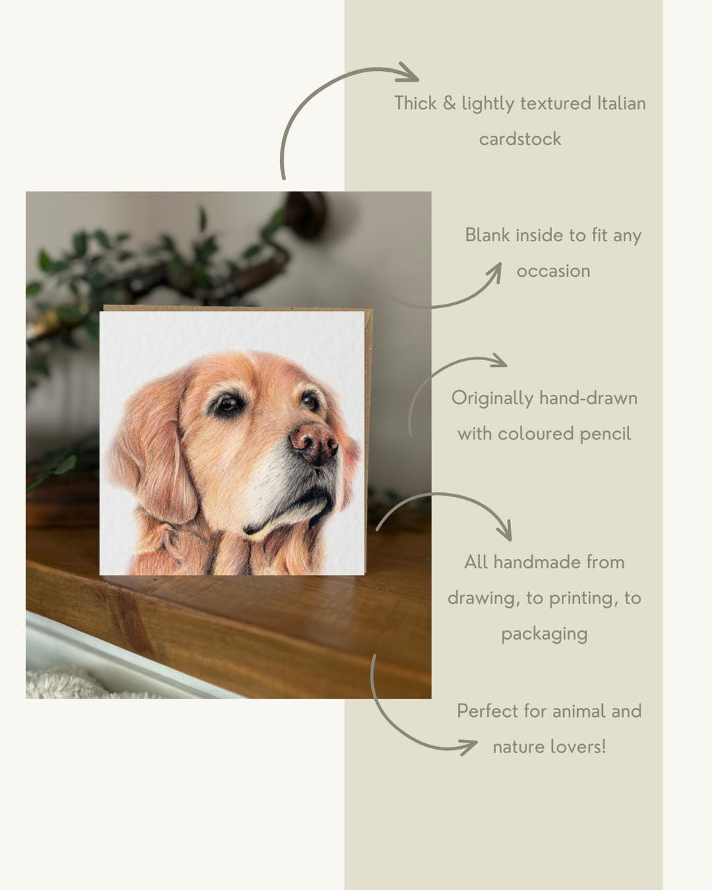 Hand Drawn Golden Retriever Card, Textured Italian Cardstock Greeting (148mm x 148mm), Blank Inside