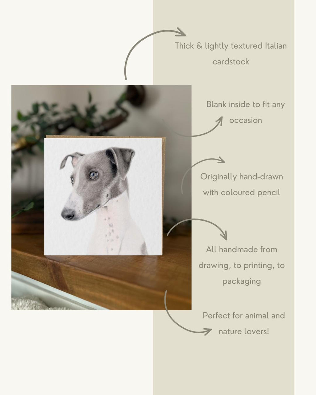 Hand Drawn Greyhound Card, Textured Cardstock Greeting (148mm x 148mm), Blank Inside