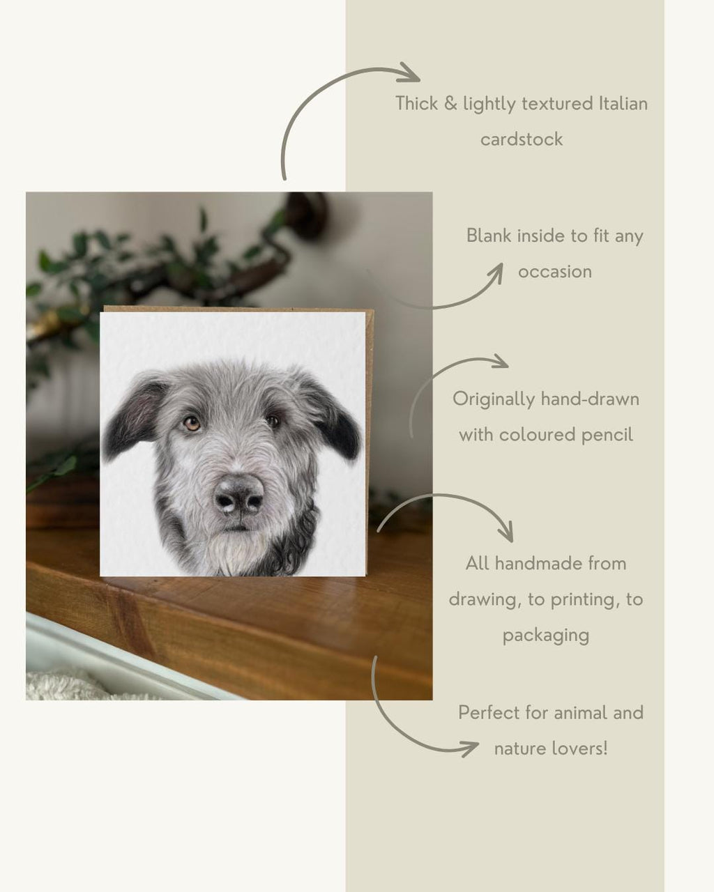 Hand Drawn Irish Wolfhound Card, Textured Greeting (148mm x 148mm), Blank Inside