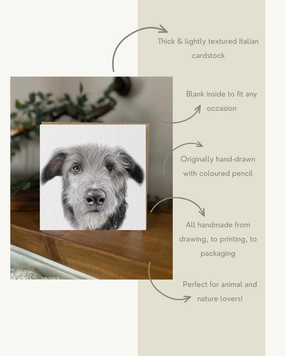 Hand Drawn Irish Wolfhound Card, Textured Greeting (148mm x 148mm), Blank Inside