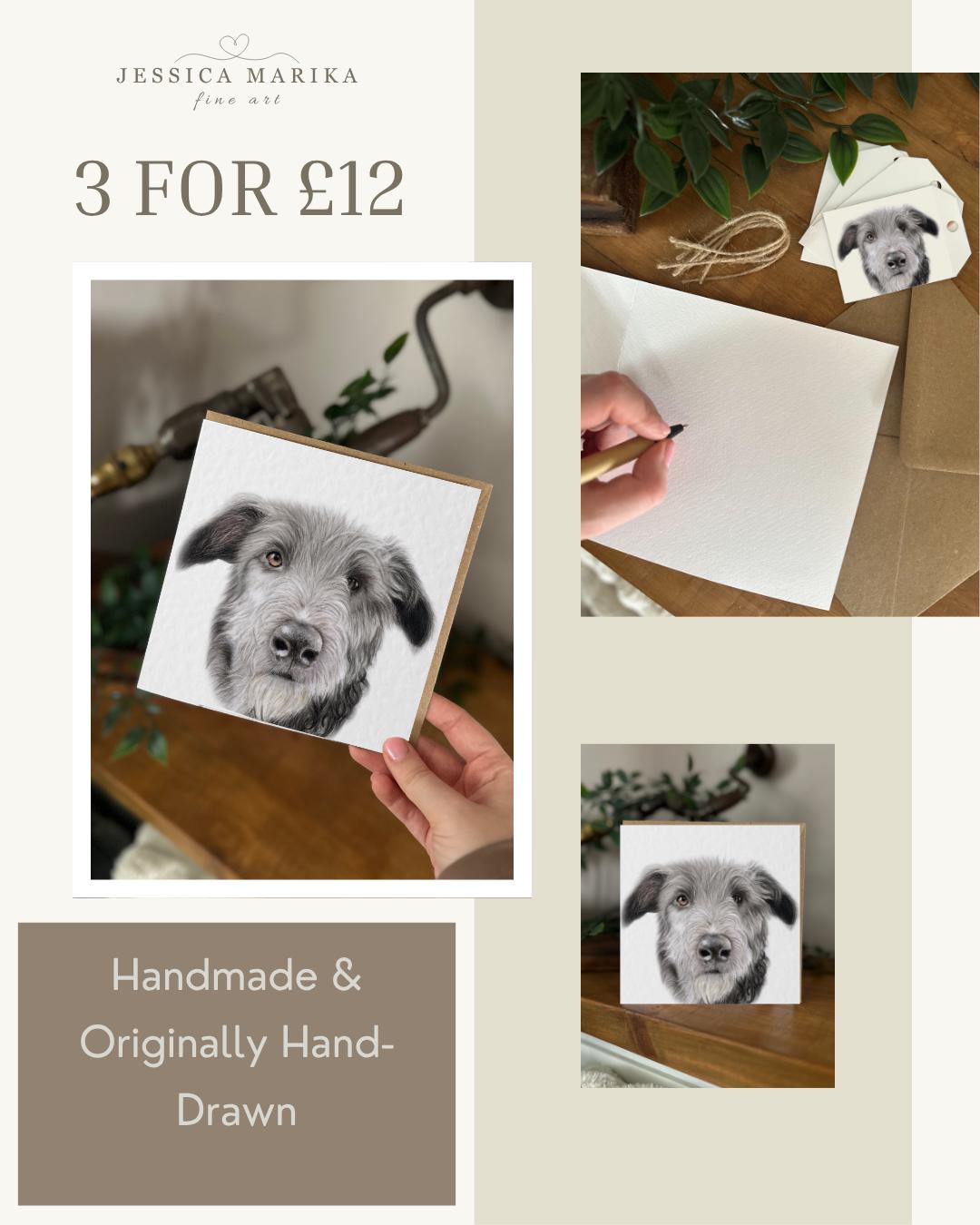 Hand Drawn Irish Wolfhound Card, Textured Greeting (148mm x 148mm), Blank Inside