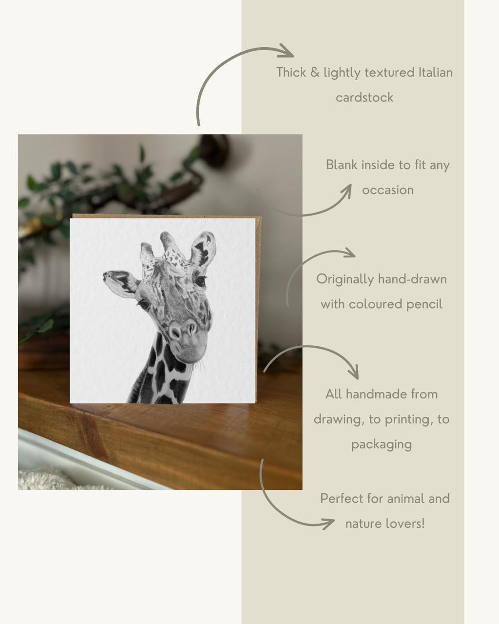 Hand Drawn Giraffe Greeting Card, Textured Cardstock Greeting (148mm x 148mm), Blank Inside