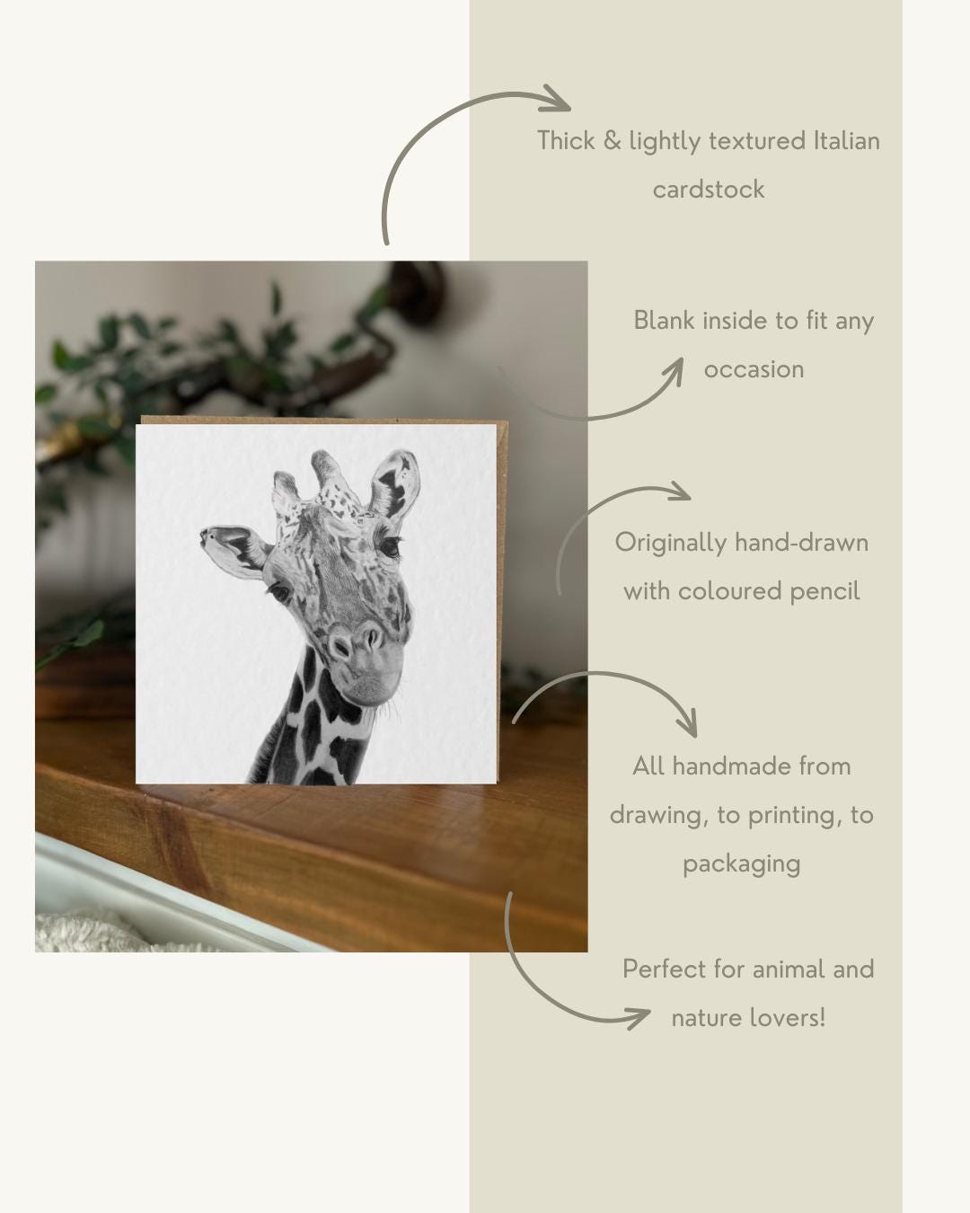 Hand Drawn Giraffe Greeting Card, Textured Cardstock Greeting (148mm x 148mm), Blank Inside