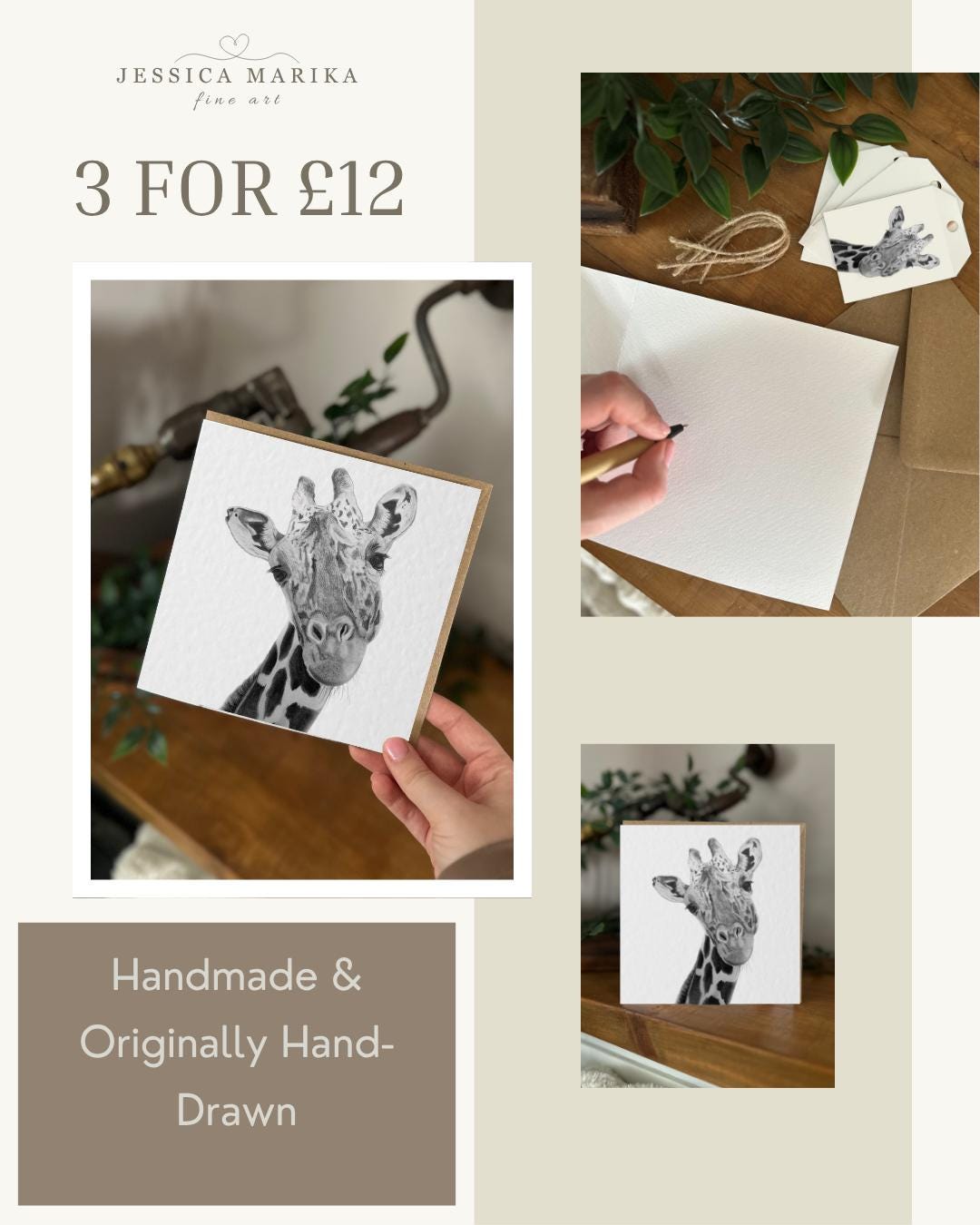 Hand Drawn Giraffe Greeting Card, Textured Cardstock Greeting (148mm x 148mm), Blank Inside