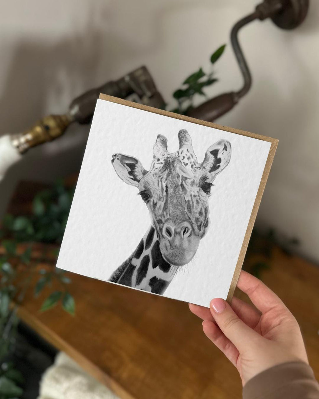 Hand Drawn Giraffe Greeting Card, Textured Cardstock Greeting (148mm x 148mm), Blank Inside
