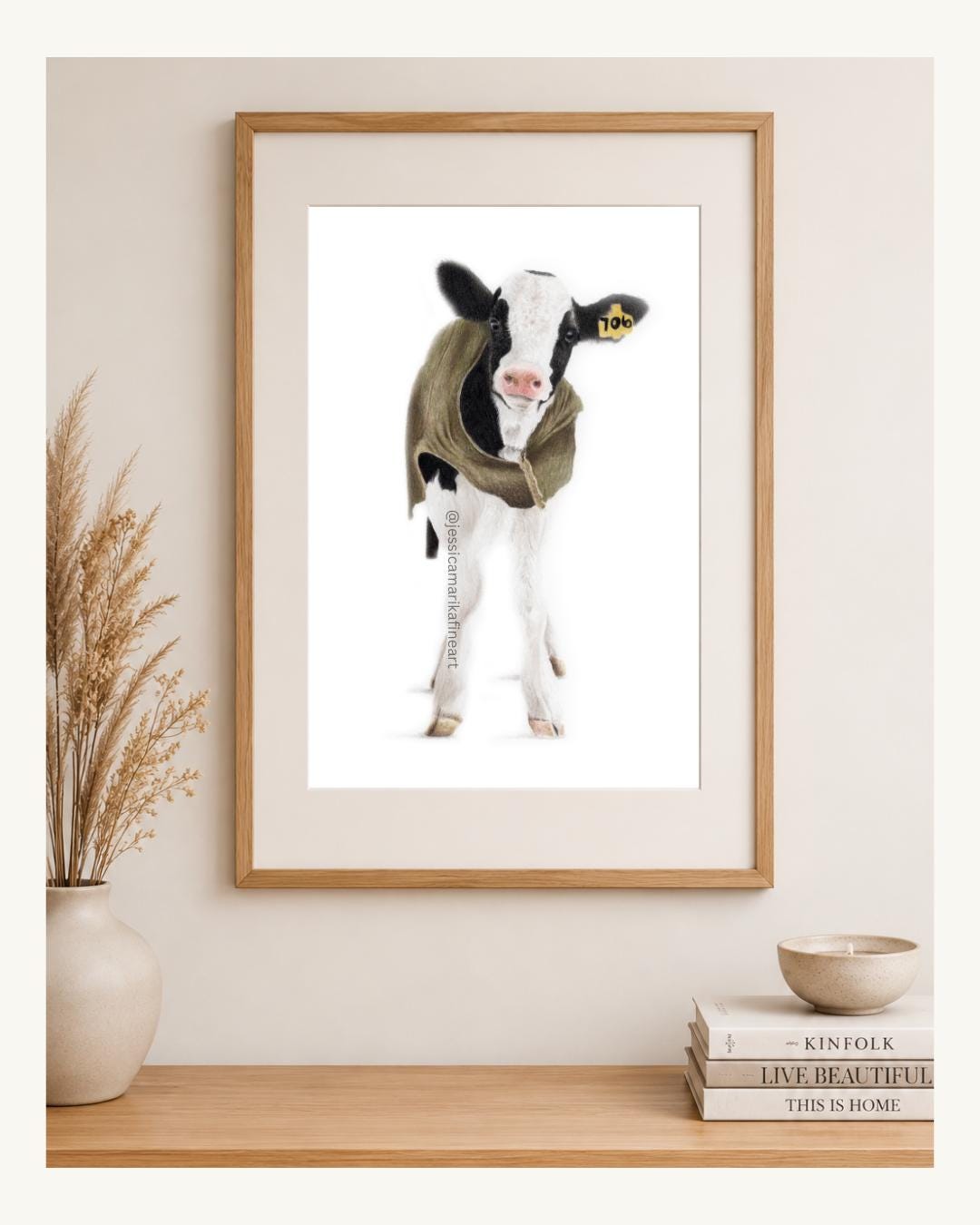 Cow Calf Fine Art Print: "Udderly Cosy" Mounted Coloured Pencil Drawing Wall Art (A5 A4)