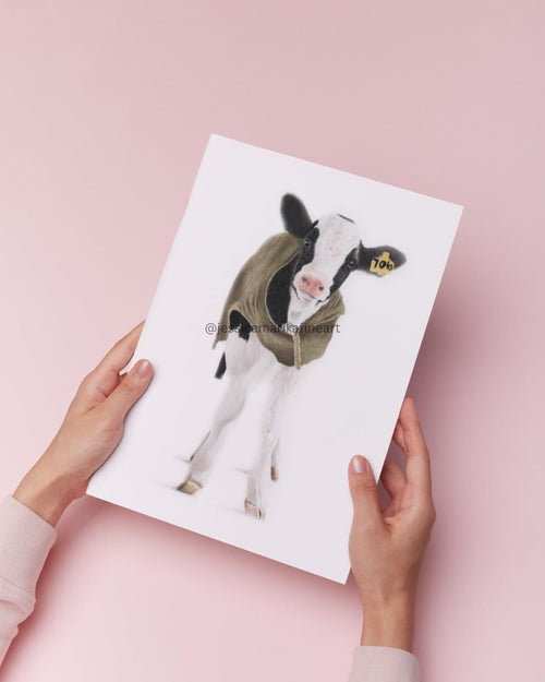 Cow Calf Fine Art Print: "Udderly Cosy" Mounted Coloured Pencil Drawing Wall Art (A5 A4)