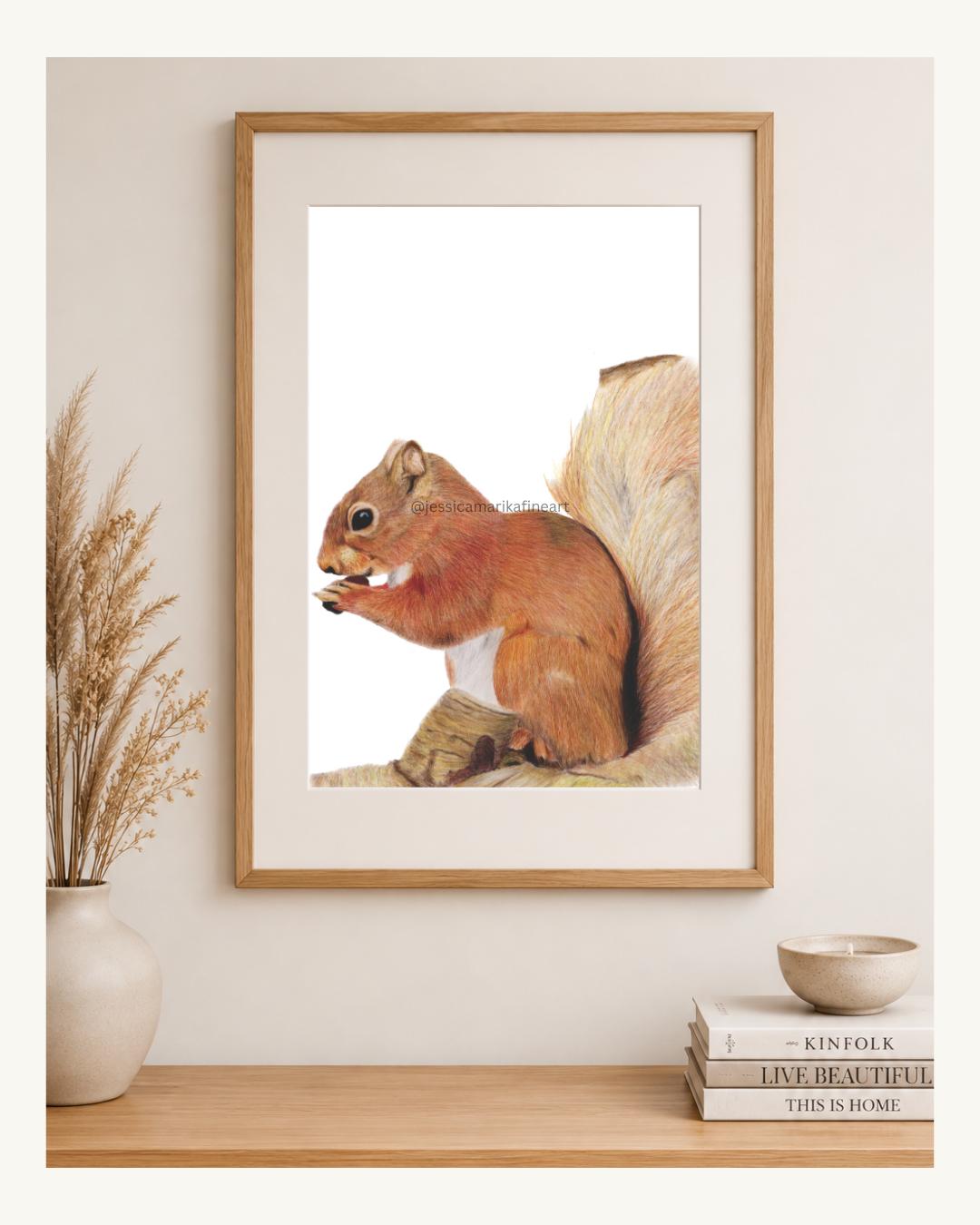 Red Squirrel Coloured Pencil Drawing Print: Wildlife Wall Art (A5/A4)