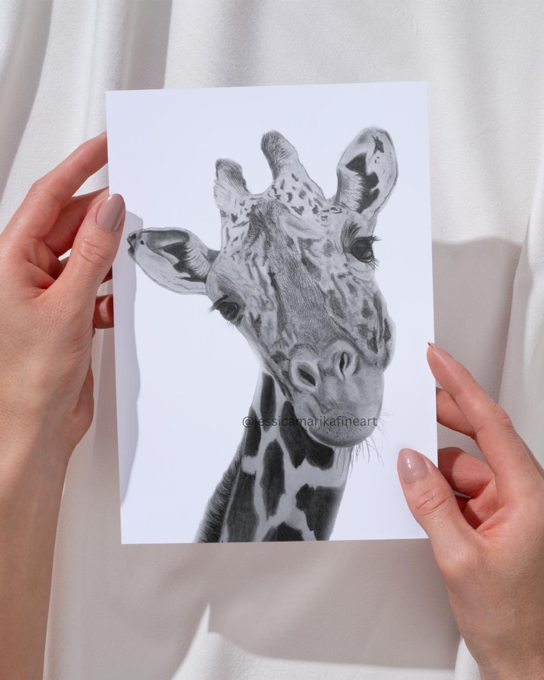Giraffe Mounted Fine Art Print: "Above the Clouds" Coloured Pencil Drawing Wall Art (A5, A4)