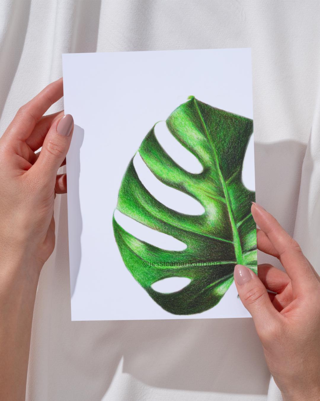 Monstera Fine Art Print: "Say Cheese!" Coloured Pencil Drawing Wall Art (A5 A4)