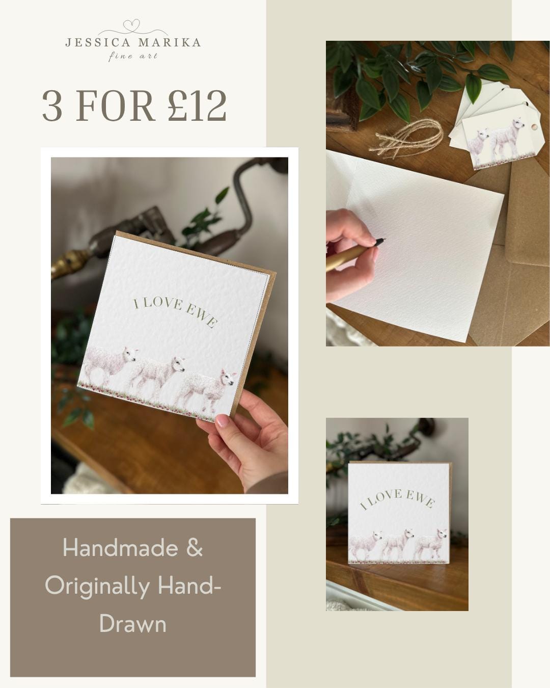 Hand Drawn Sheep Lamb Card, Textured Cardstock Greeting (148mm x 148mm), Blank Inside