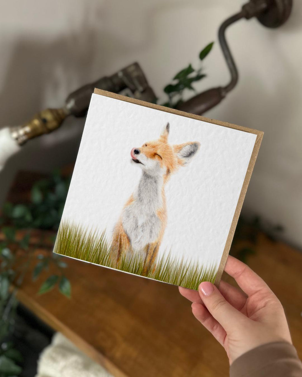 Hand Drawn Fox Card, Coloured Pencil Drawing, Textured Cardstock (148mm x 148mm), Blank Inside