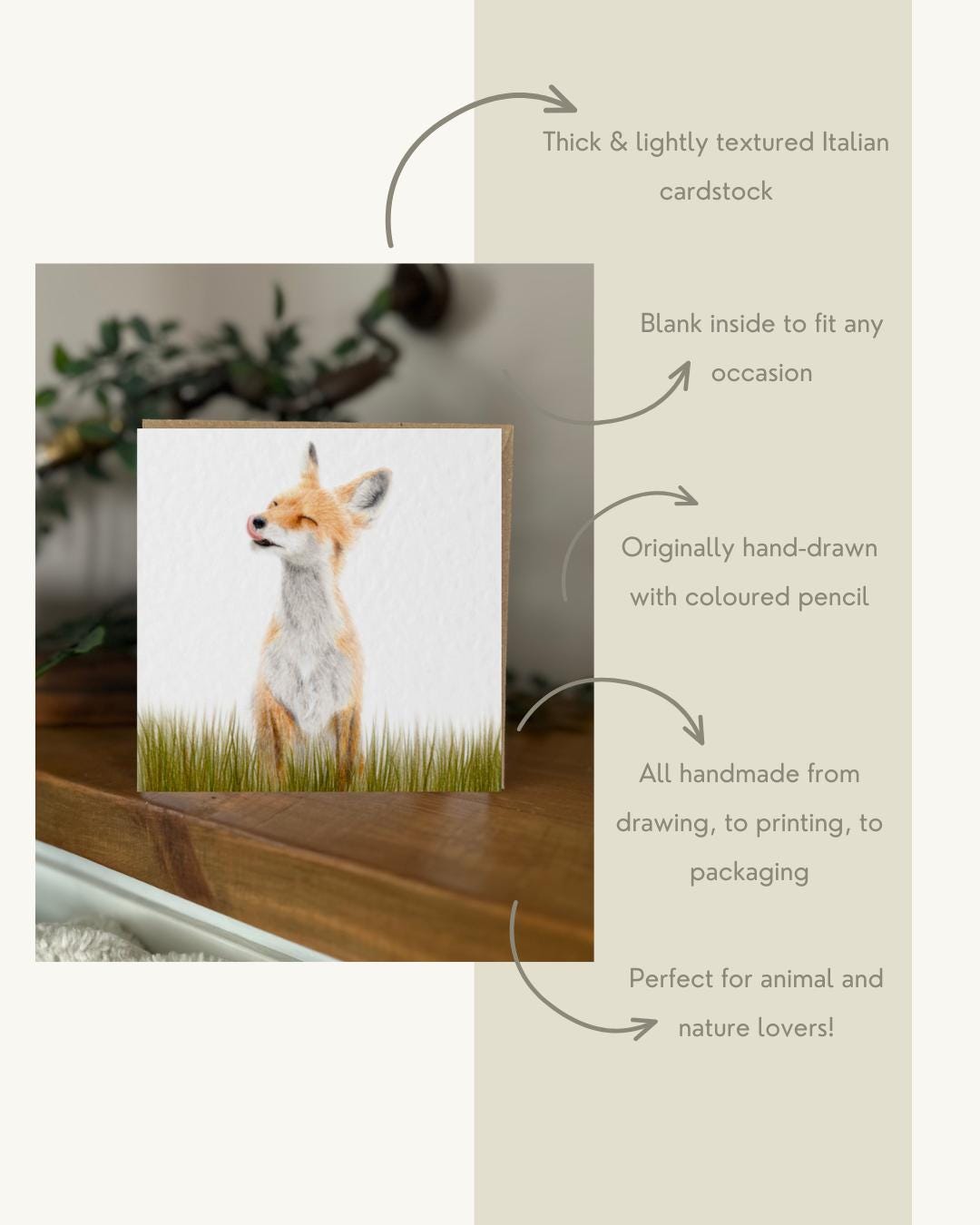 Hand Drawn Fox Card, Coloured Pencil Drawing, Textured Cardstock (148mm x 148mm), Blank Inside