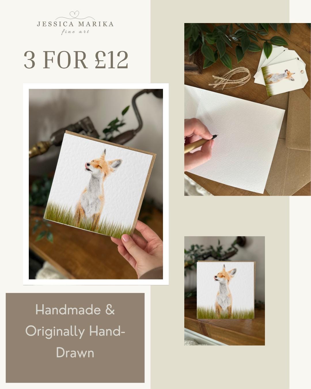 Hand Drawn Fox Card, Coloured Pencil Drawing, Textured Cardstock (148mm x 148mm), Blank Inside