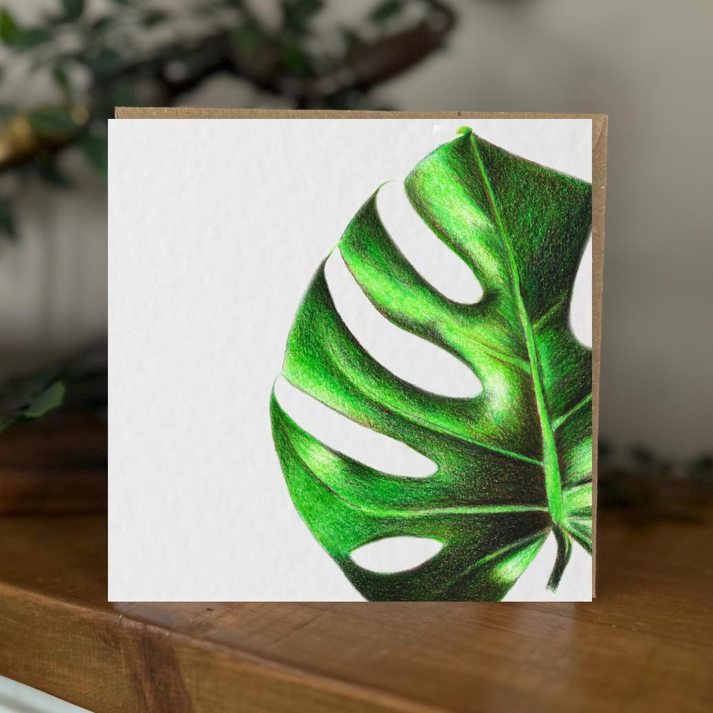 Hand Drawn Monstera Coloured Pencil Card, Textured Cardstock Greeting (148mm x 148mm), Blank Inside