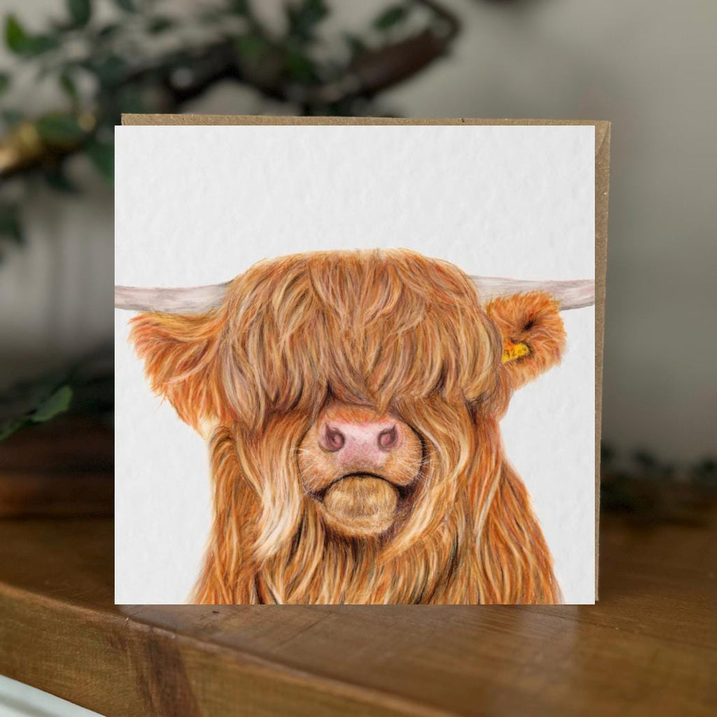 Hand Drawn Highland Cow Greeting Card, Textured Italian Cardstock (148mm x 148mm), Blank Inside