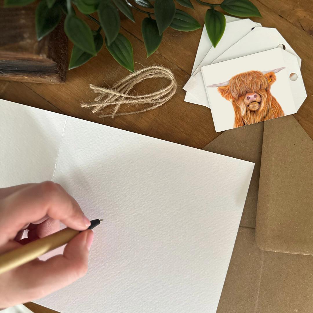 Hand Drawn Highland Cow Greeting Card, Textured Italian Cardstock (148mm x 148mm), Blank Inside
