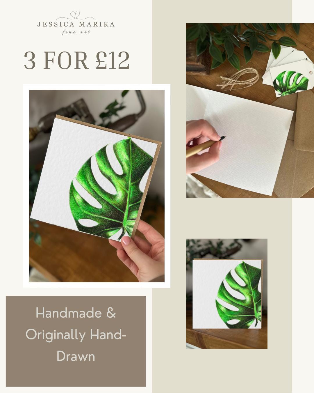 Hand Drawn Monstera Coloured Pencil Card, Textured Cardstock Greeting (148mm x 148mm), Blank Inside
