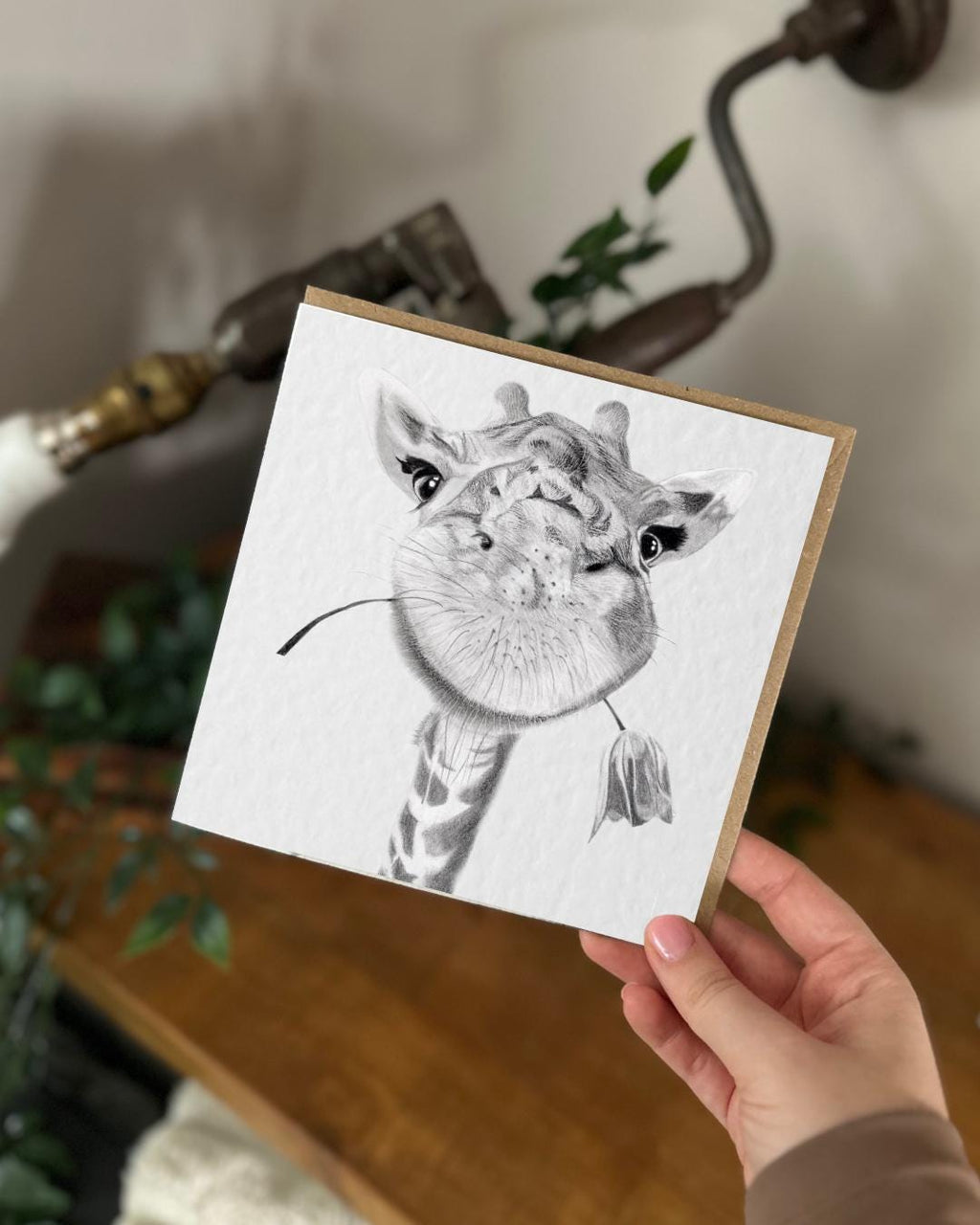 Hand Drawn Giraffe Card, Textured Cardstock Greeting (148mm x 148mm), Blank Inside