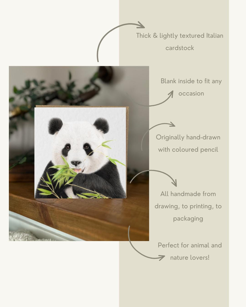 Hand Drawn Panda Card, Textured Cardstock Greeting (148mm x 148mm), Blank Inside