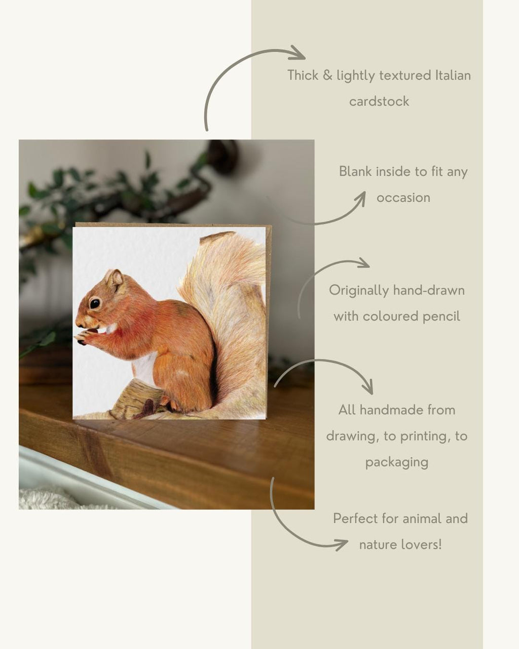 Hand Drawn Red Squirrel Card, Textured Cardstock Greeting (148mm x 148mm), Blank Inside