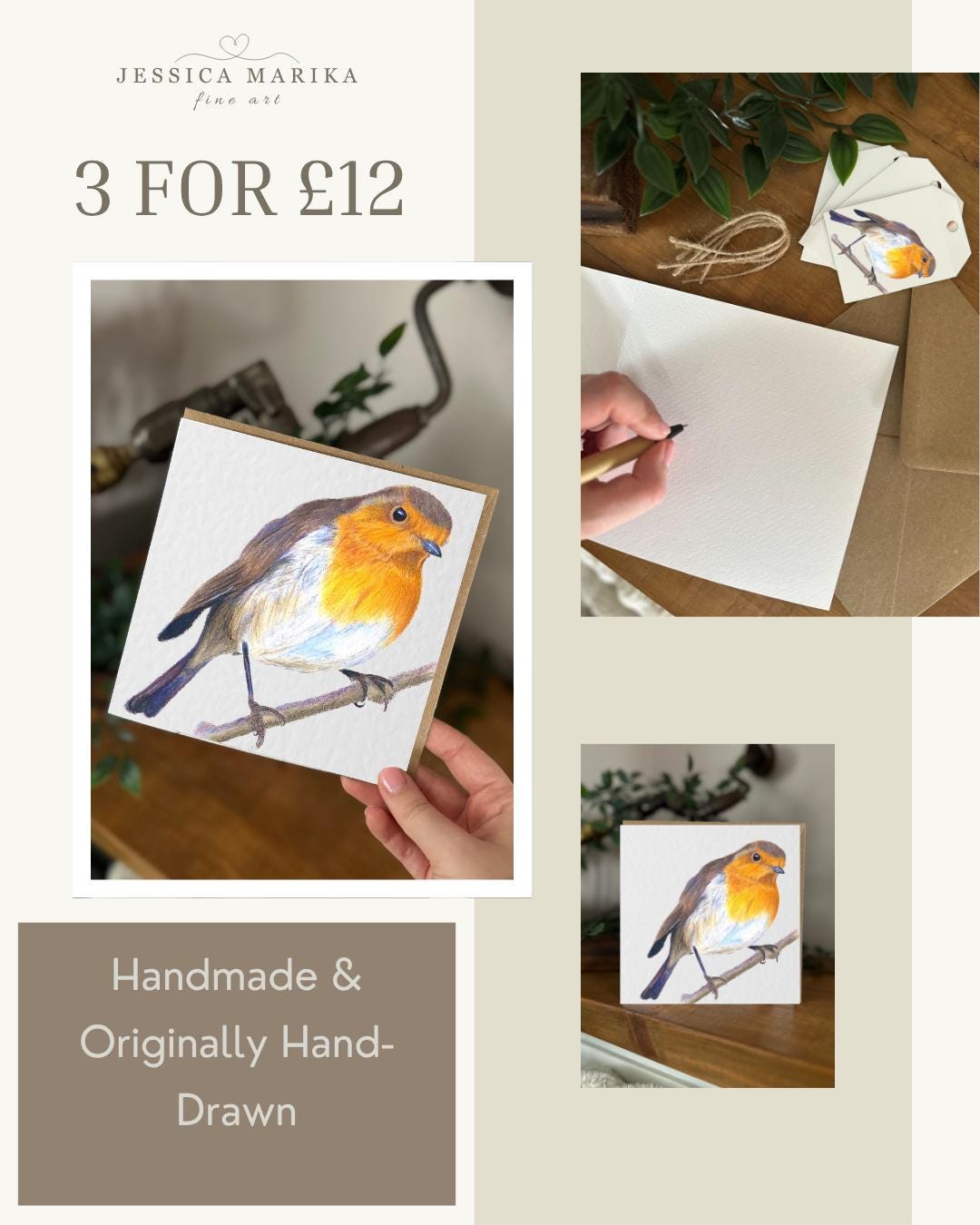 Hand Drawn Robin Card, Textured Cardstock Greeting (148mm x 148mm), Blank Inside