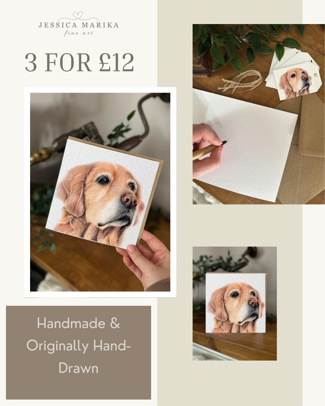 Hand Drawn Golden Retriever Card, Textured Italian Cardstock Greeting (148mm x 148mm), Blank Inside