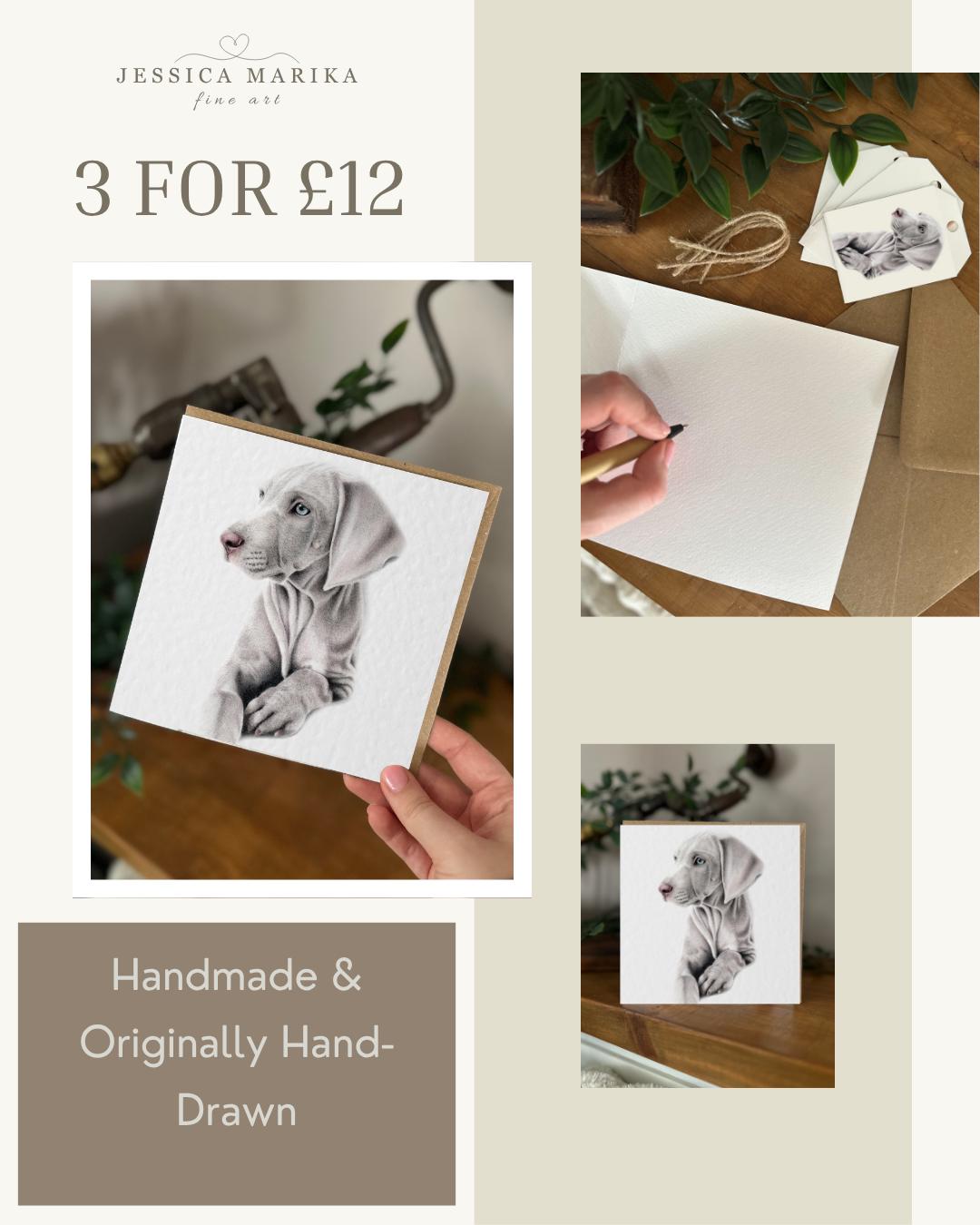 Hand Drawn Weimaraner Card, Textured Cardstock Greeting (148mm x 148mm), Blank Inside