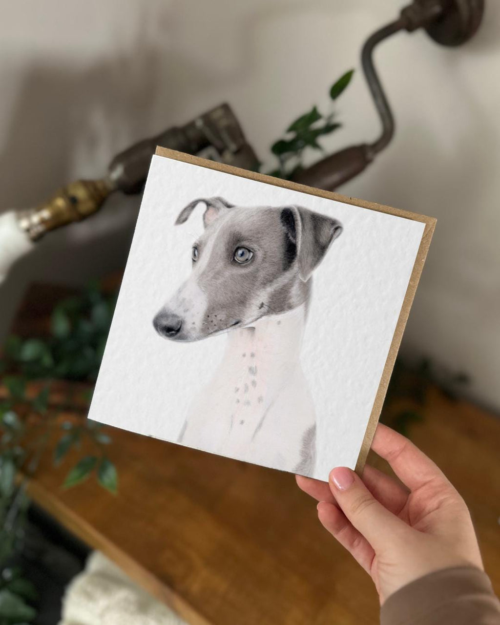Hand Drawn Greyhound Card, Textured Cardstock Greeting (148mm x 148mm), Blank Inside