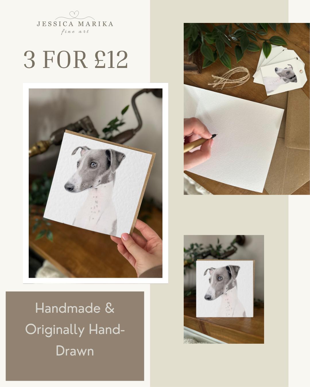 Hand Drawn Greyhound Card, Textured Cardstock Greeting (148mm x 148mm), Blank Inside