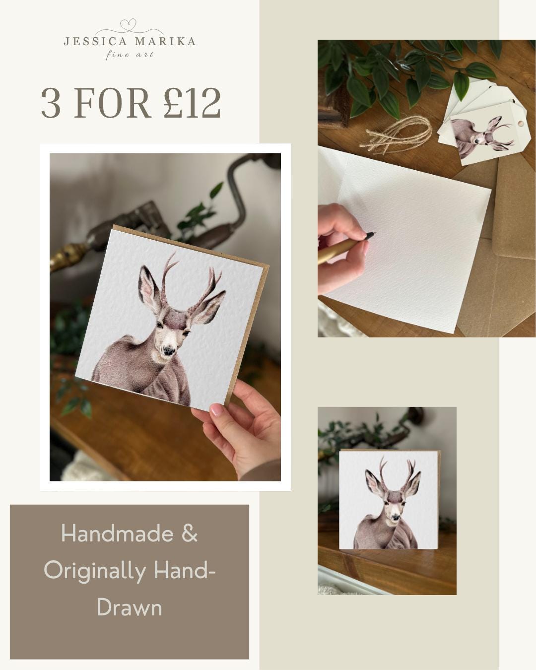 Hand Drawn Deer Card, Textured Cardstock Greeting (148mm x 148mm), Blank Inside