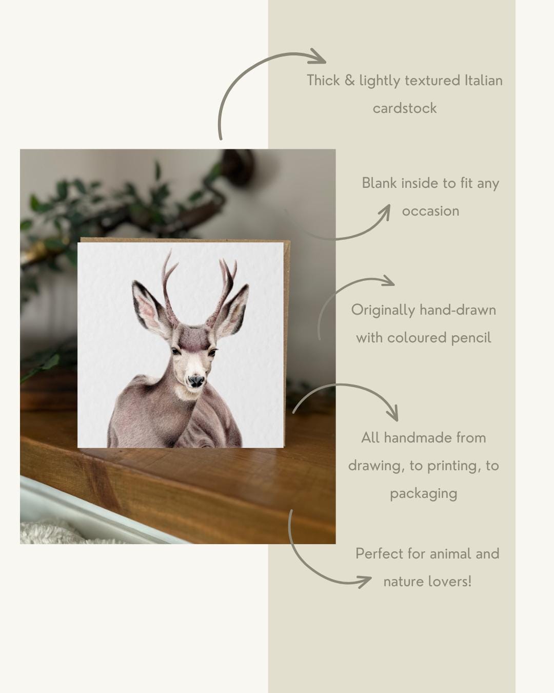 Hand Drawn Deer Card, Textured Cardstock Greeting (148mm x 148mm), Blank Inside
