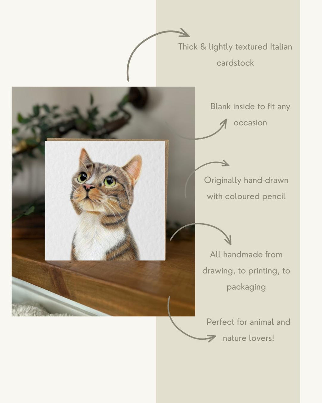 Hand Drawn Cat Card, Textured Cardstock Greeting (148mm x 148mm), Blank Inside