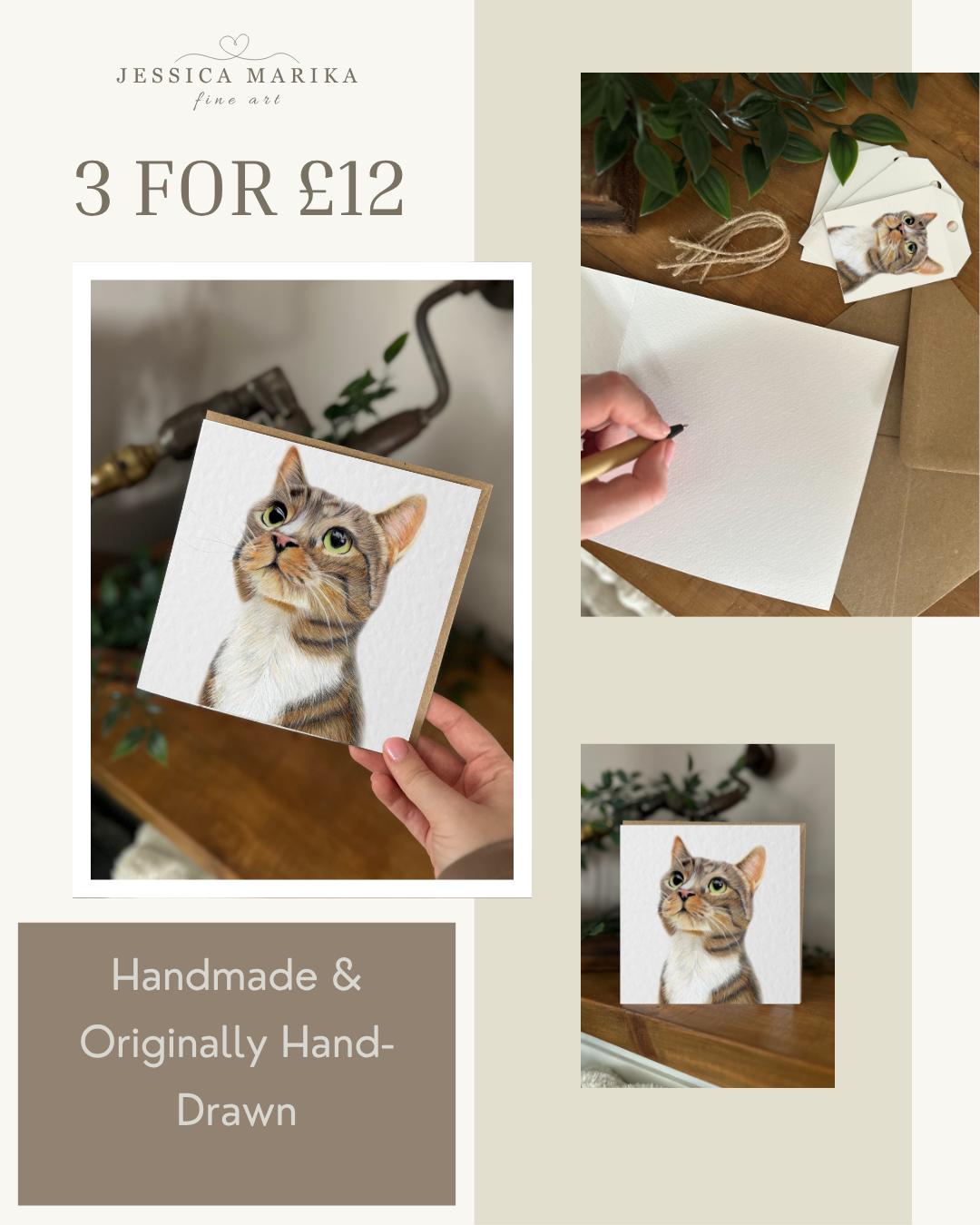 Hand Drawn Cat Card, Textured Cardstock Greeting (148mm x 148mm), Blank Inside