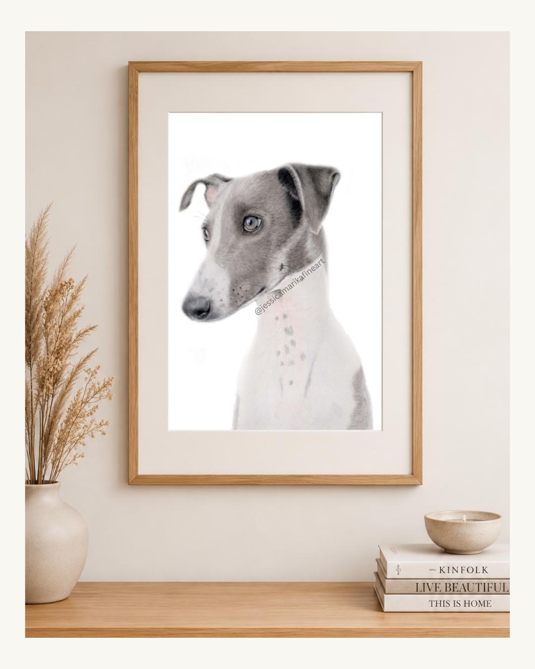 Greyhound Wall Art Print, Original Coloured Pencil Drawing, Signed Artist (A4, A5)