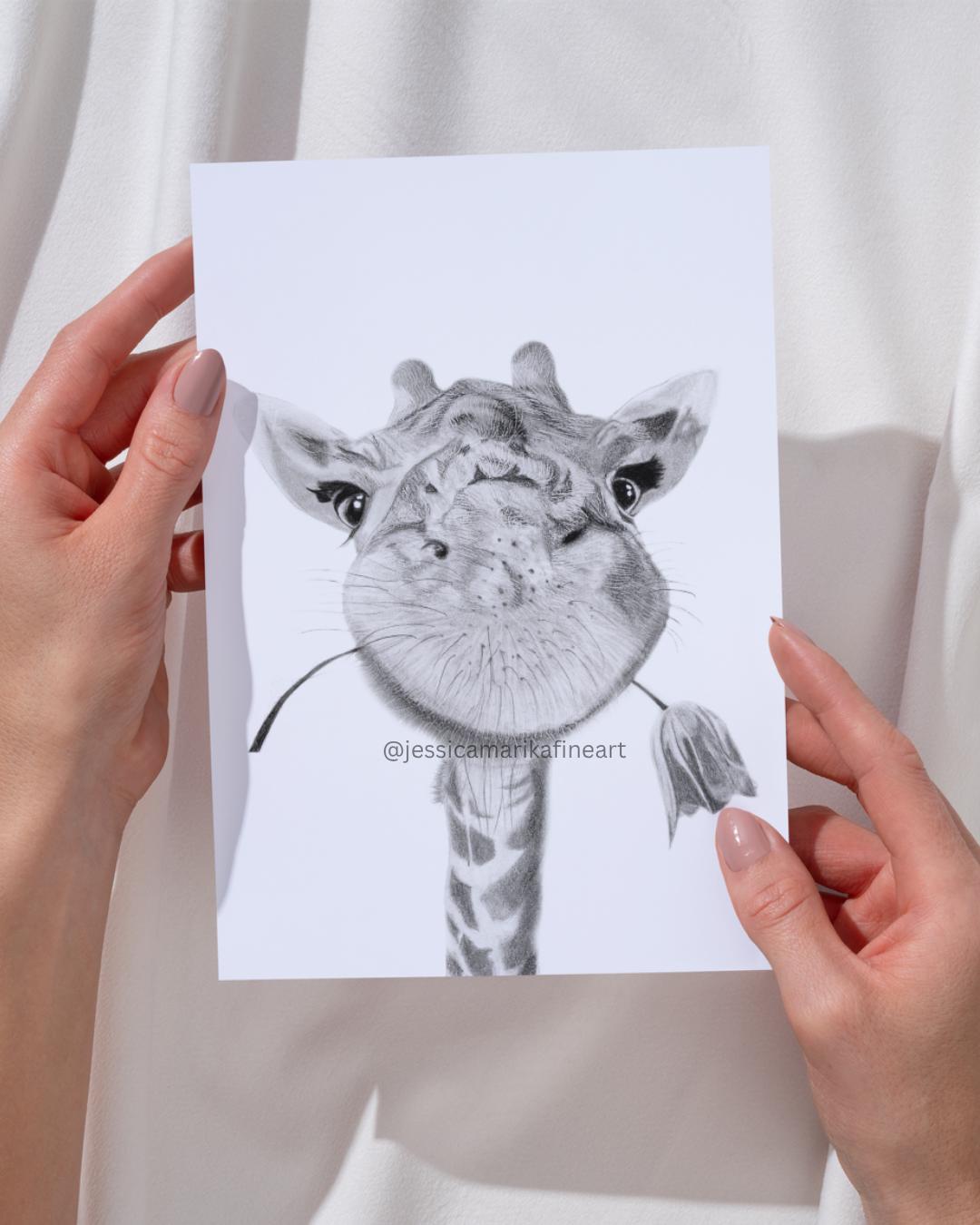 Giraffe Coloured Pencil Drawing Mounted Print: "Tallest Bloom" Wall Art (A5/A4)