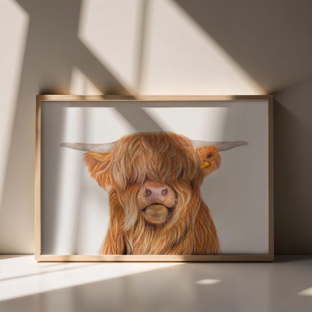 Highland Cow Coloured Pencil Drawing Print: "Highland Coo-tie" Wall Art (A5 A4)