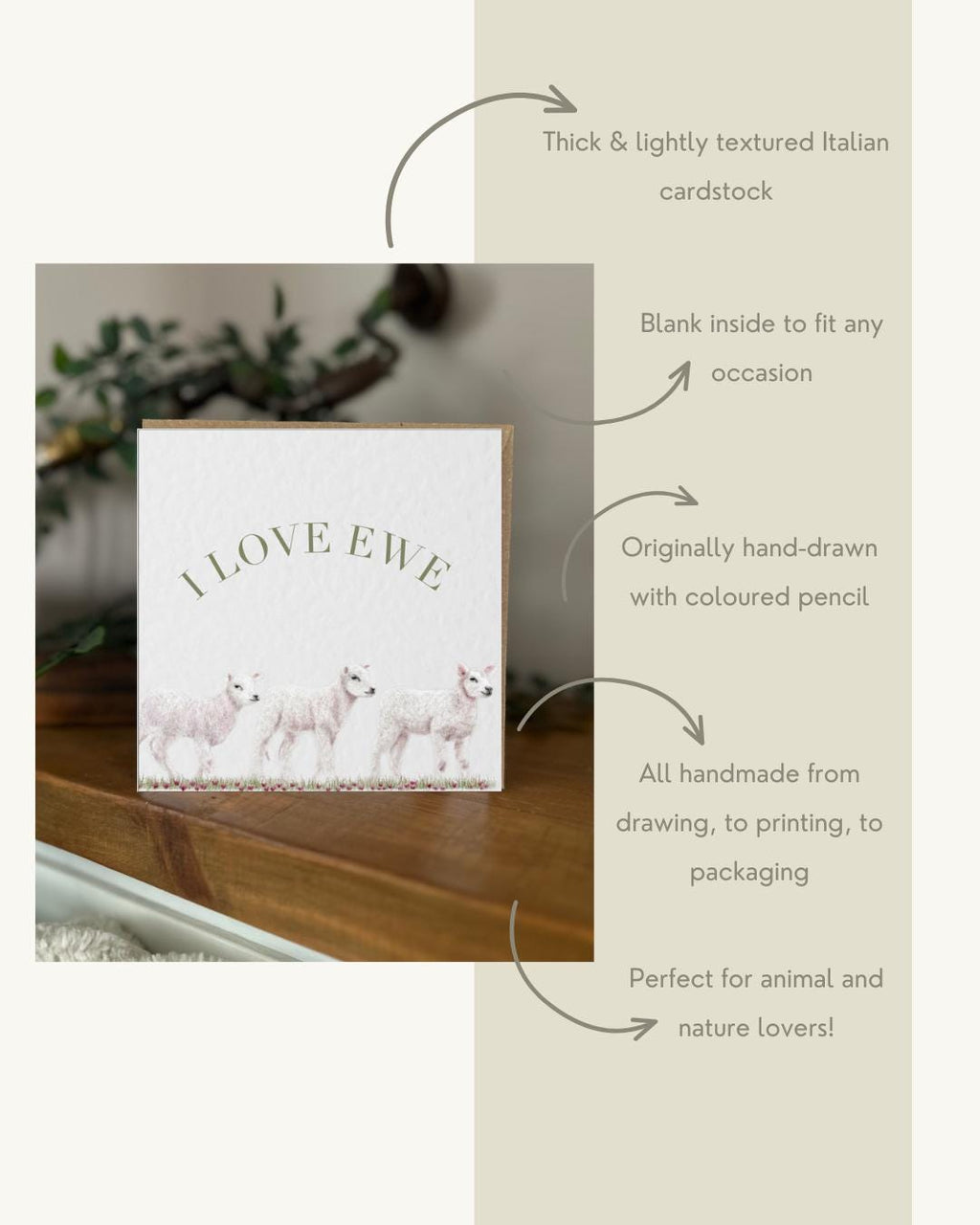 Hand Drawn Sheep Lamb Card, Textured Cardstock Greeting (148mm x 148mm), Blank Inside