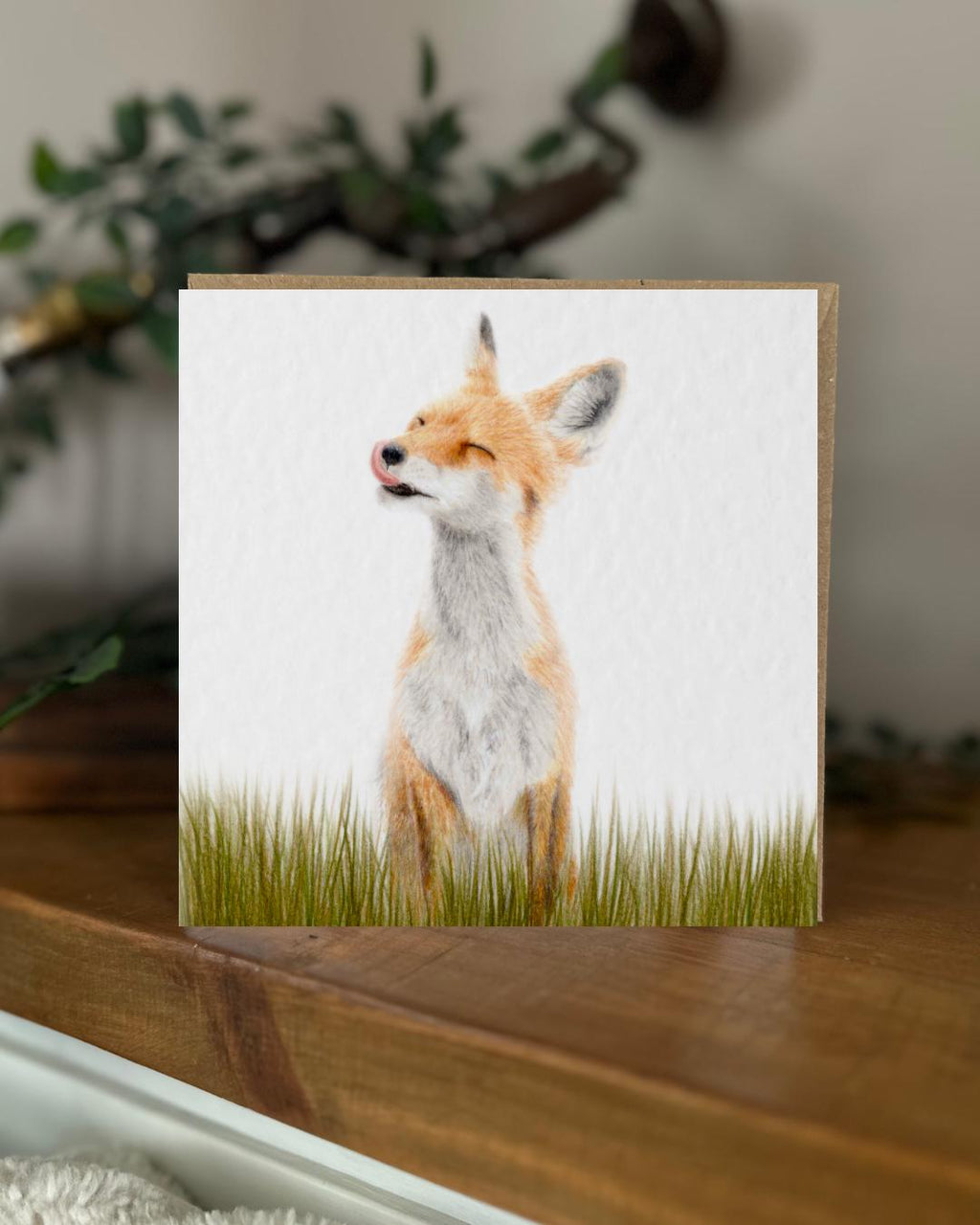 Hand Drawn Fox Card, Coloured Pencil Drawing, Textured Cardstock (148mm x 148mm), Blank Inside