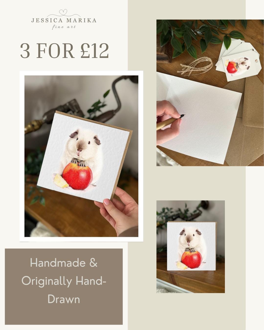 Hand Drawn Guinea Pig Card, Textured Cardstock Greeting (148mm x 148mm), Blank Inside